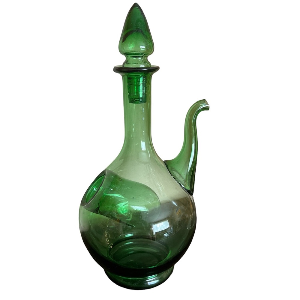Vintage Italian Green Glass Wine Decanter Ice Chamber Chiller Stopper Hand Blown